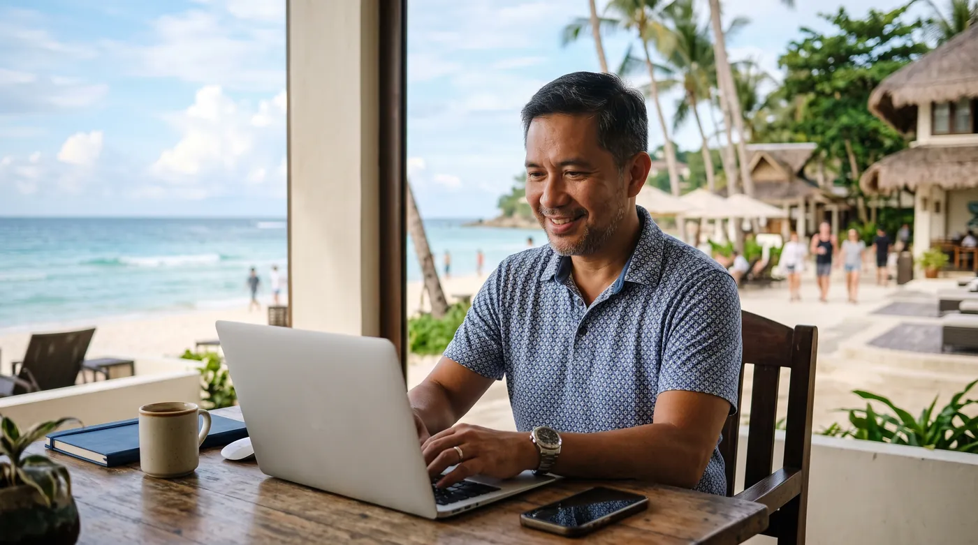 A hotel owner smiling at a laptop at an outdoor table, with a beach resort behind him.